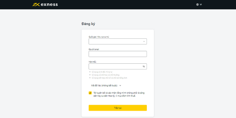 Giao diện trang đăng ký tài khoản mới của Exness