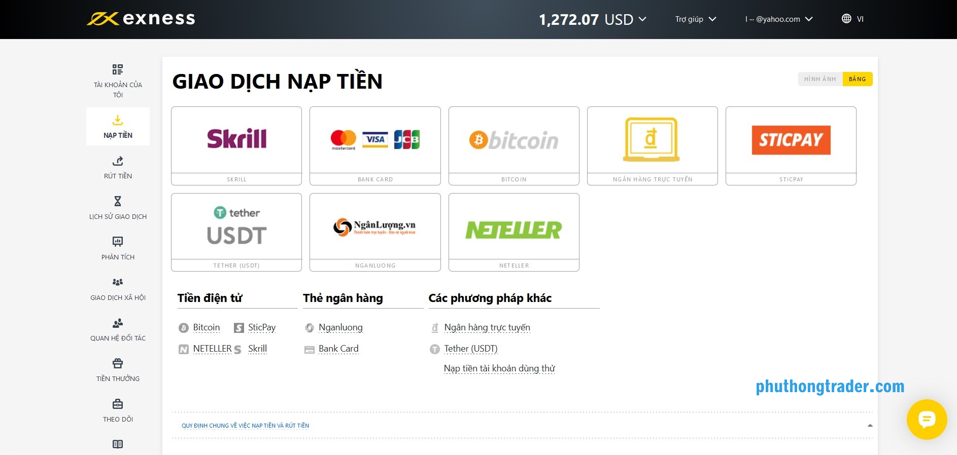 Nạp/rút tiền qua Internet Banking được các trader sử dụng phổ biến nhất
